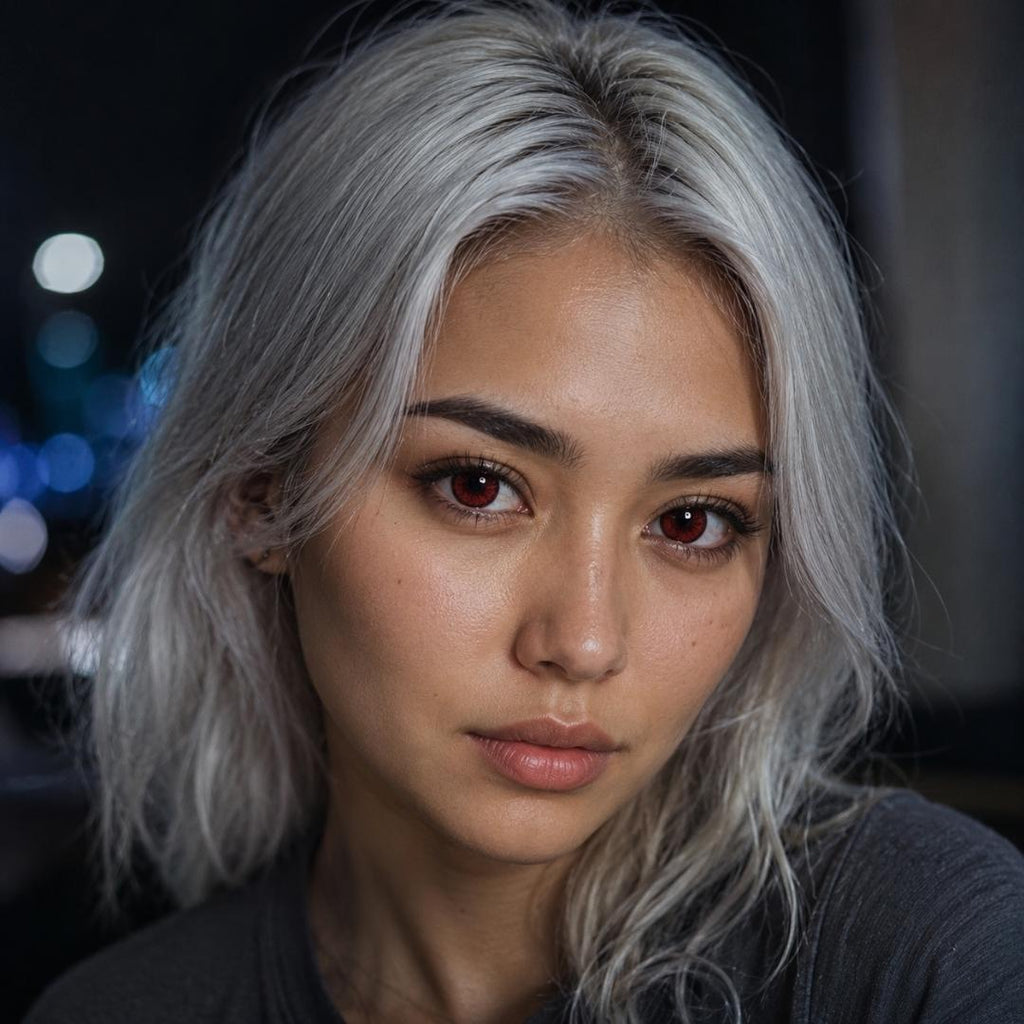Woman with silver hair and dark red contact lenses against a blurred background