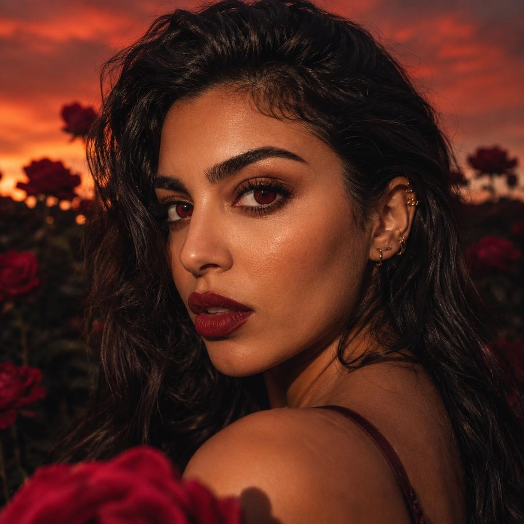 Woman with dark hair and red lipstick and red wild eye standing in front of a sunset with red flowers.