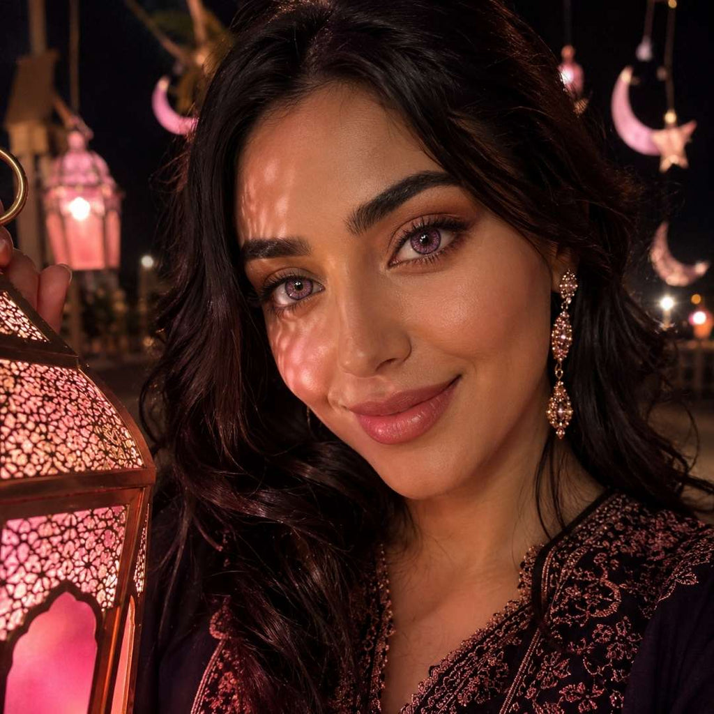 Woman with dark hair and striking purple eyes, holding an ornate lantern in a dimly lit setting with decorative crescent moons.
