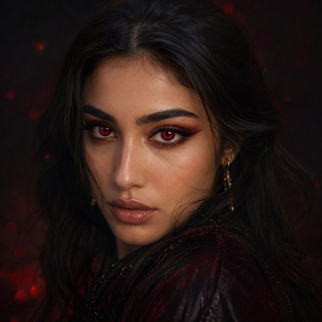 Woman with dark hair and red eyes against a dark background, studio shooting