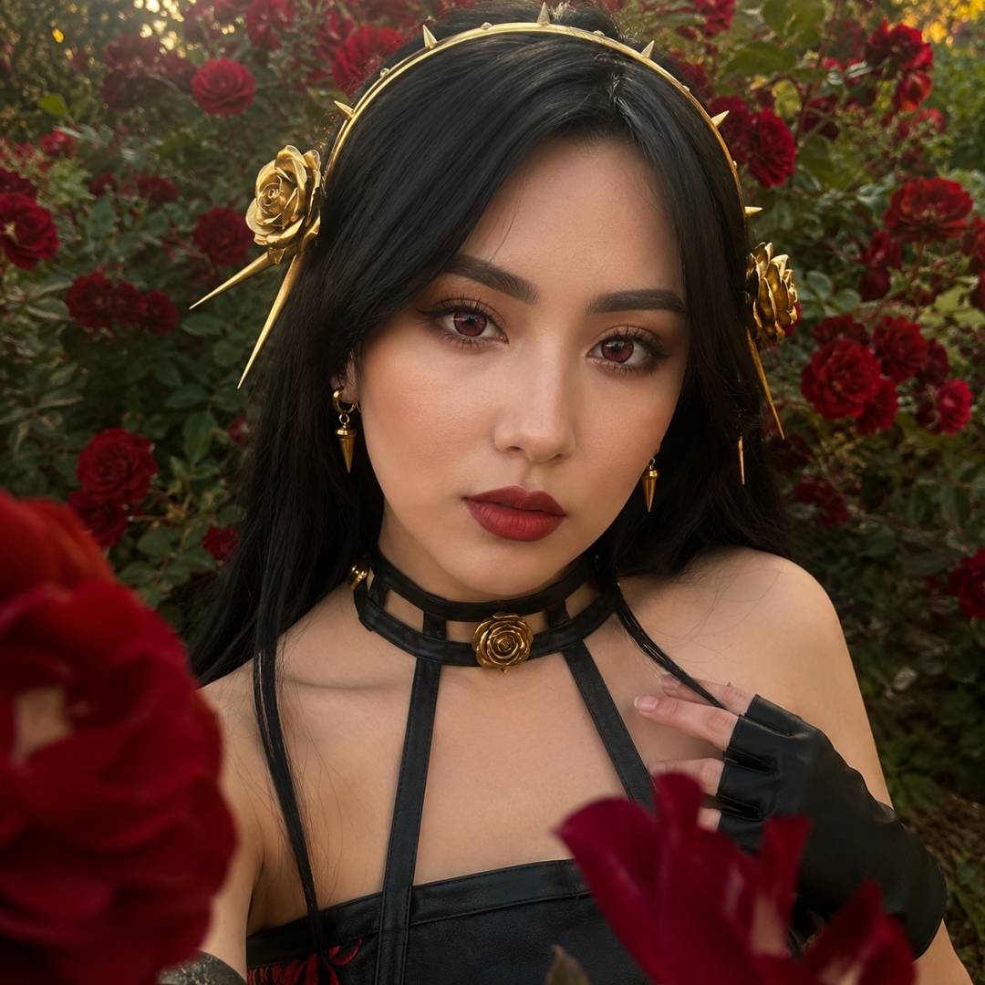 Lady cosplay as Thorn Princess with gold headpiece and black gloves against a floral background