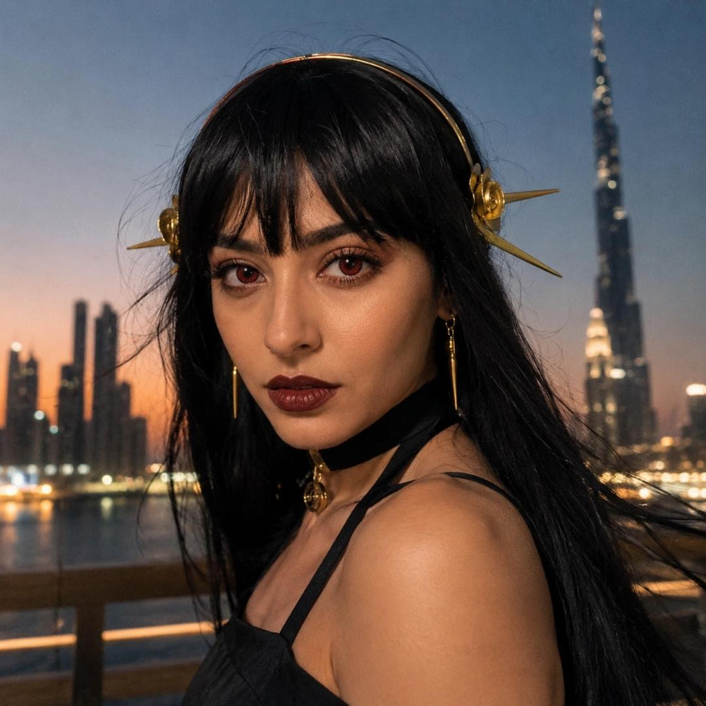 Thorn Princess with a decorative headband in front of a city skyline at dusk