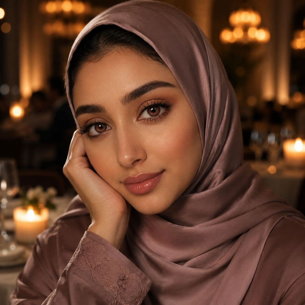 Woman wearing a brown hijab and subtle pink contact lens  in an elegant indoor setting with candles and chandeliers.