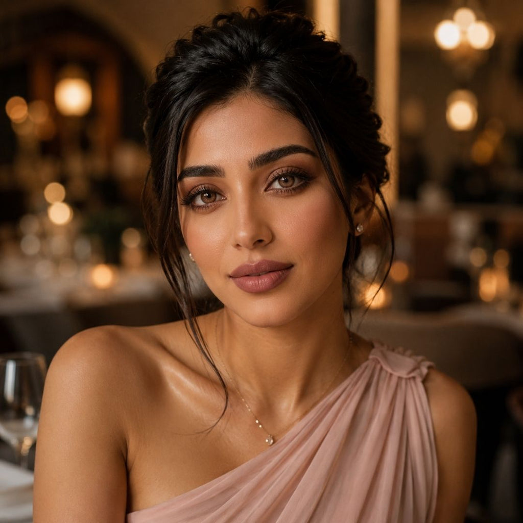 Woman in a pink dress and dusty pink contact lens in Valentines Dinner