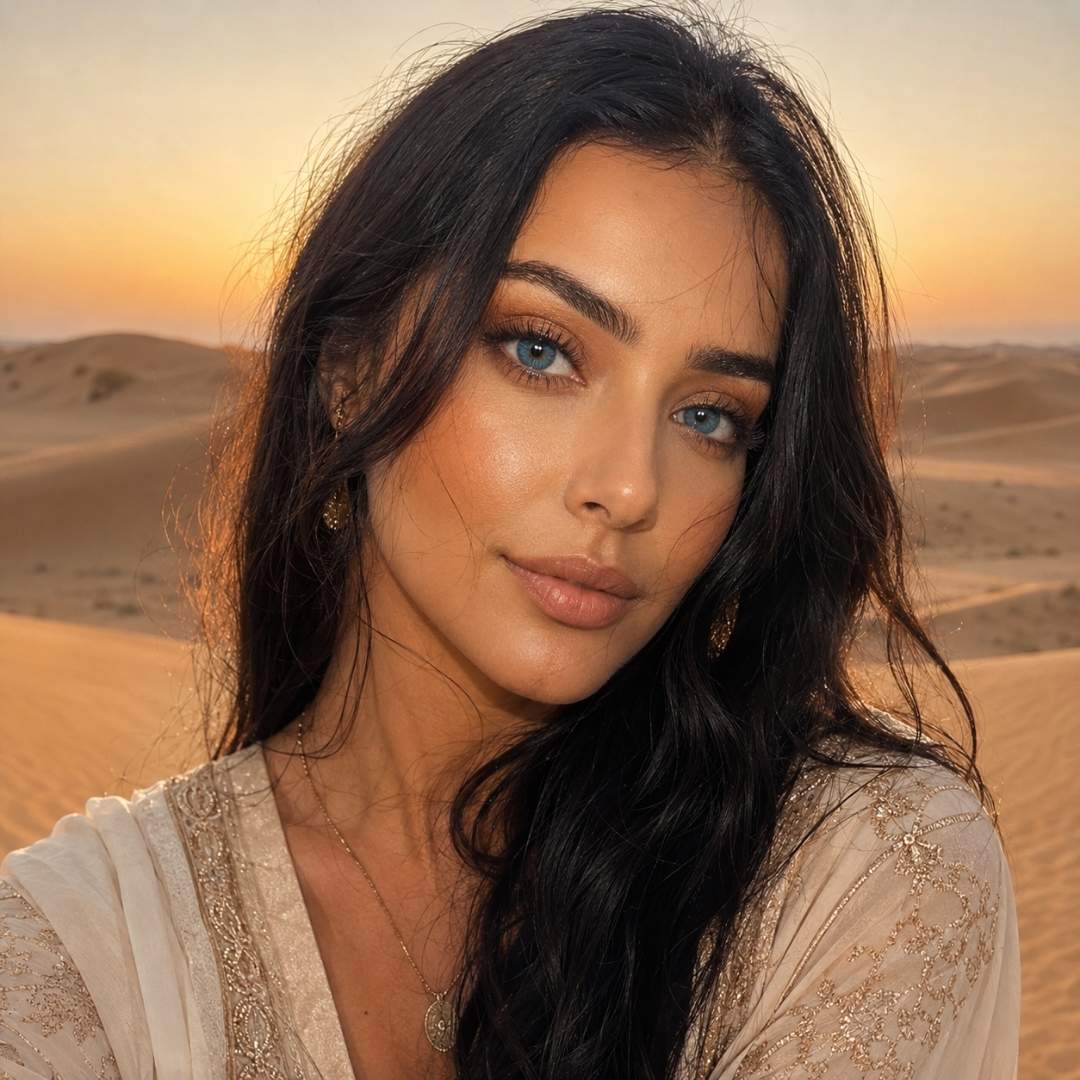 Lady with blue eyes and long dark hair in a desert setting during sunset