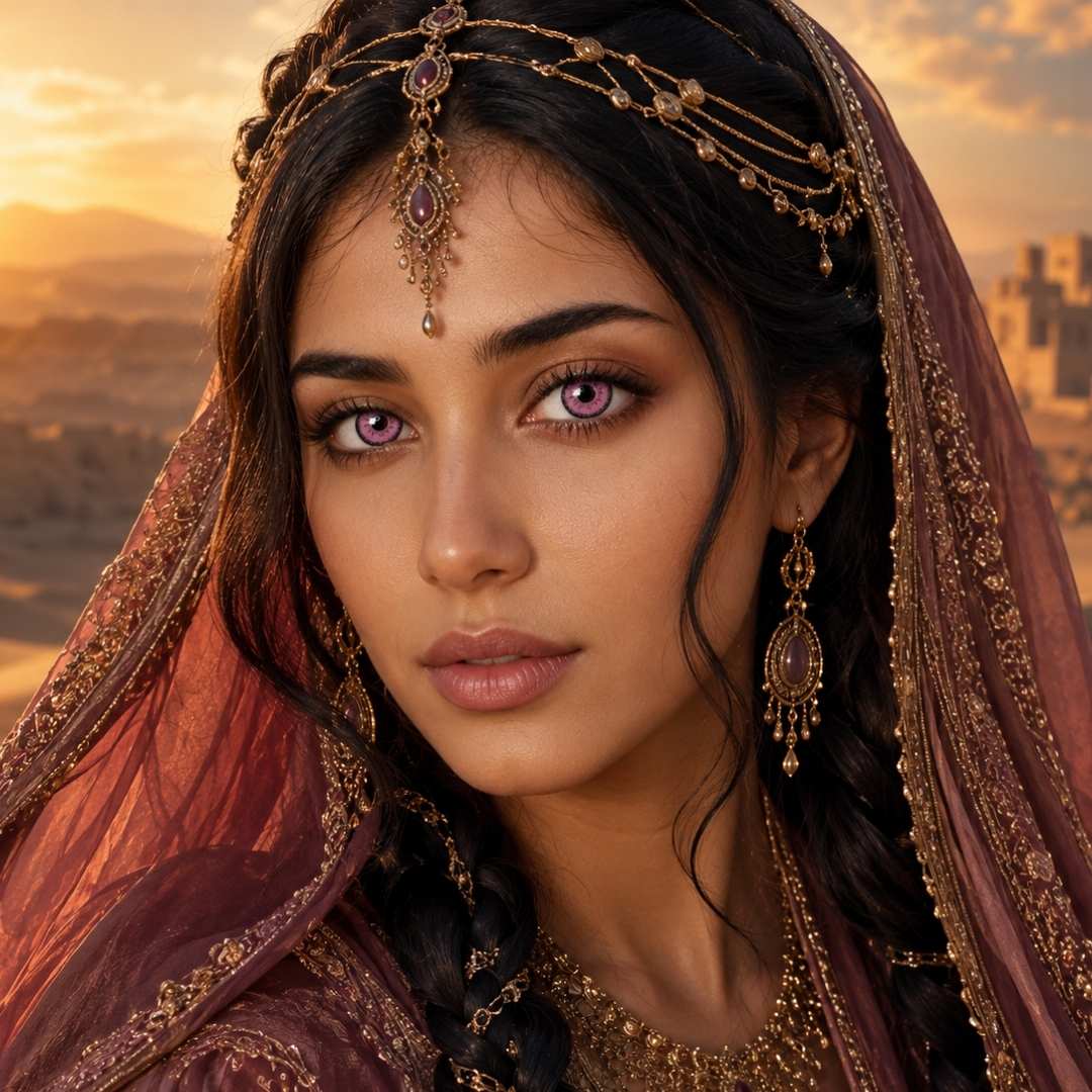 A beautiful woman with striking purple eyes, adorned in jewelry, showcasing vibrant pink cosplay contact lenses.