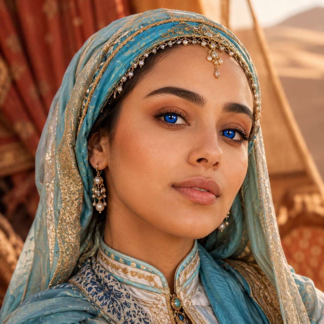 Woman wearing a traditional outfit with a blue headscarf and jewelry, set against a desert backdrop.
