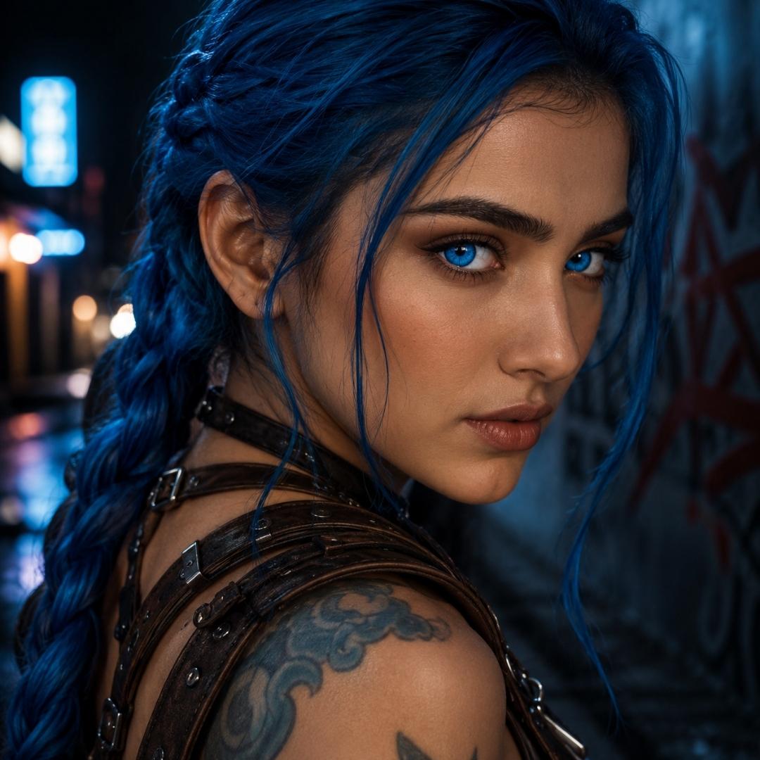 Woman cosplay as Jinx Arcane with blue hair and tattoos in a dark, urban setting