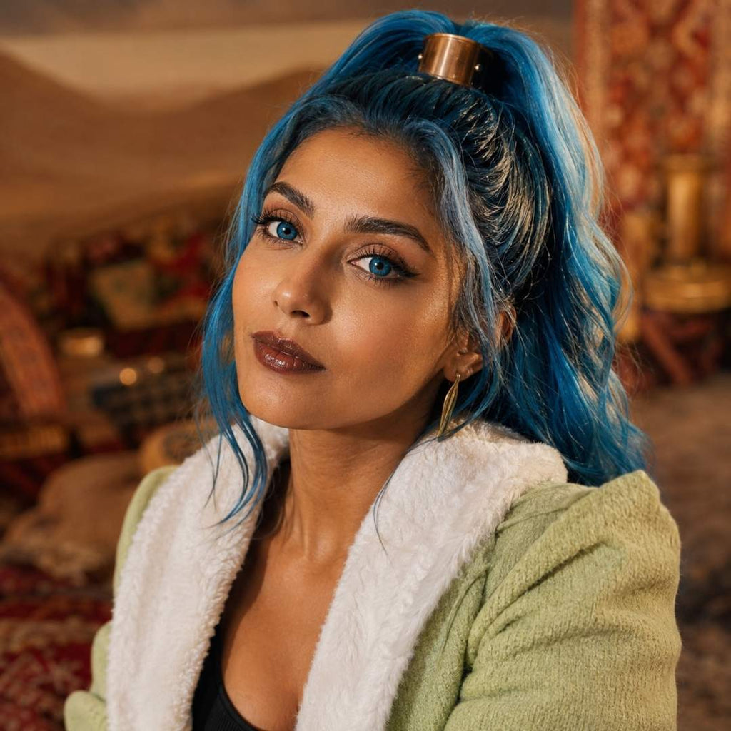 Woman cosplay as Vivi Arabasta One Piece with blue hair and a green coat in a warm-toned interior setting