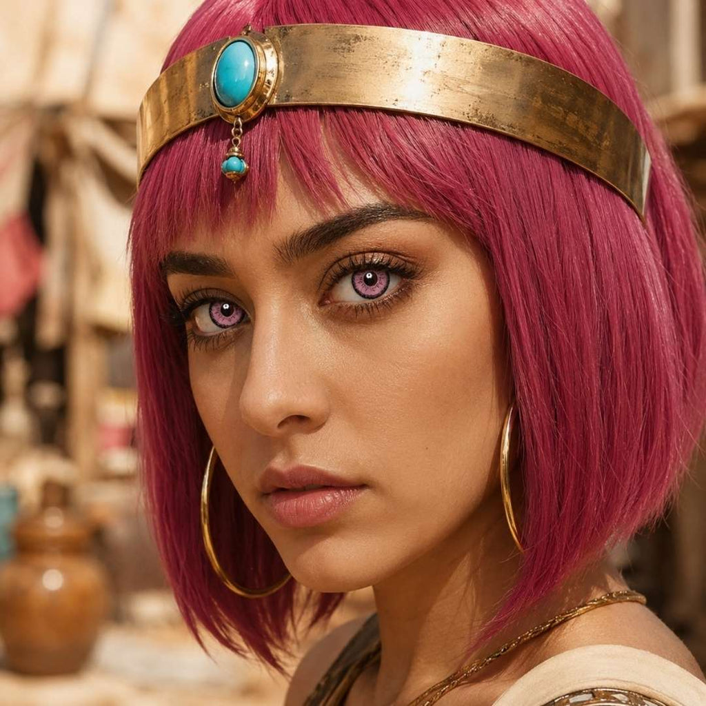 A woman with vibrant pink hair and an Egyptian headband, showcasing striking pink contact lenses in her cosplay look.