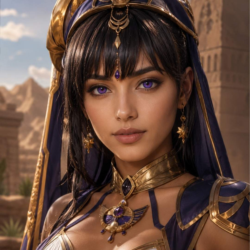 Person in ancient Egyptian costume with detailed headdress and jewelry against a desert backdrop