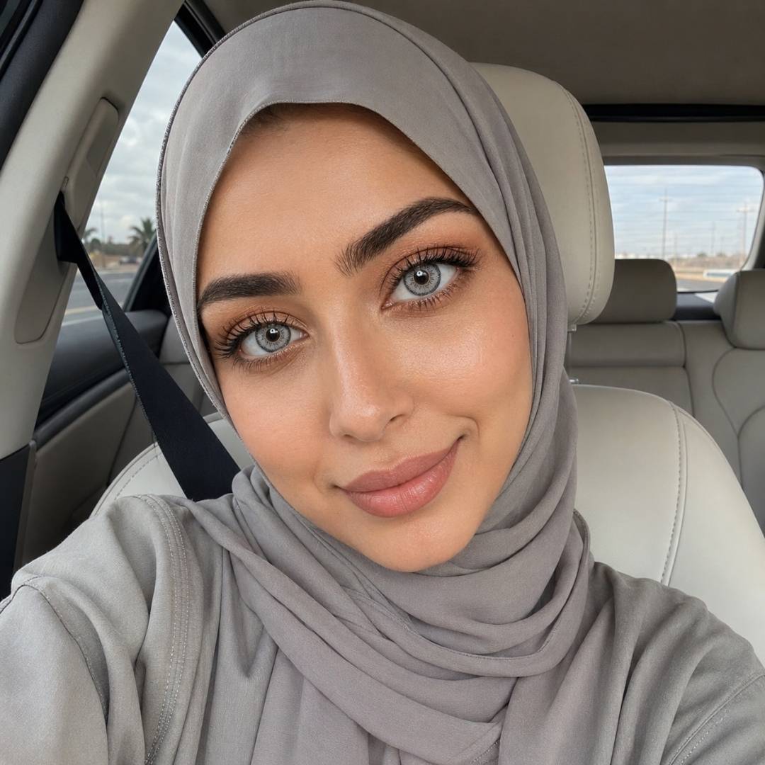 Woman wearing a gray hijab and striking gray contact lens sitting inside a car.