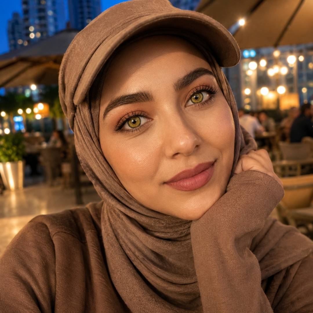 A woman with dolly brown eyes, dressed in a hijab and a baseball cap, looking confidently at the viewer.