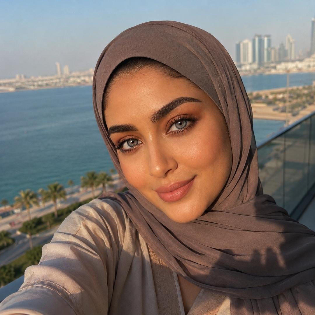 Woman wearing a hijab and gray contacts with a cityscape and waterfront in the background