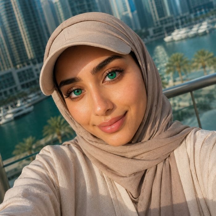 Woman wearing a beige hijab with a cityscape and waterfront in the background