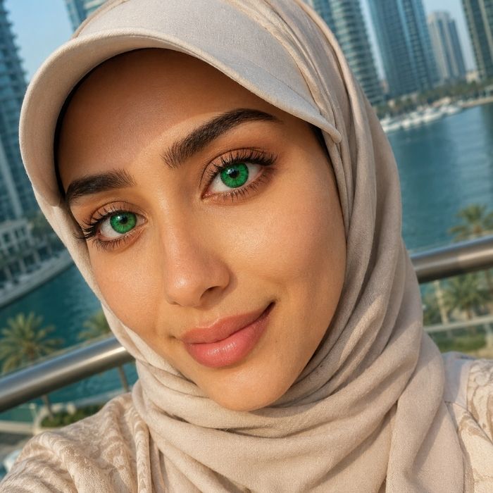Woman wearing a beige hijab with a cityscape in the background