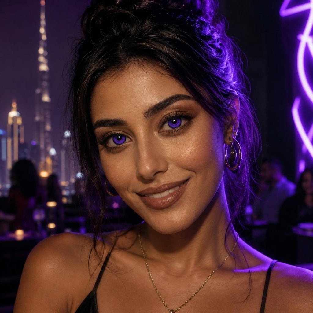 Woman with purple eye makeup in a nightclub setting with neon lights and city skyline.