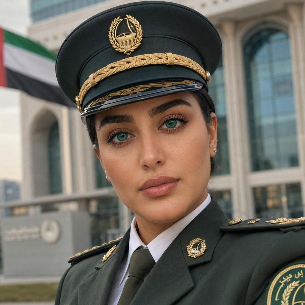 Portrait of a woman in a dark formal uniform and peaked cap standing outdoors near a government style building. Her calm expression and vivid green eyes are framed by structured military inspired clothing.