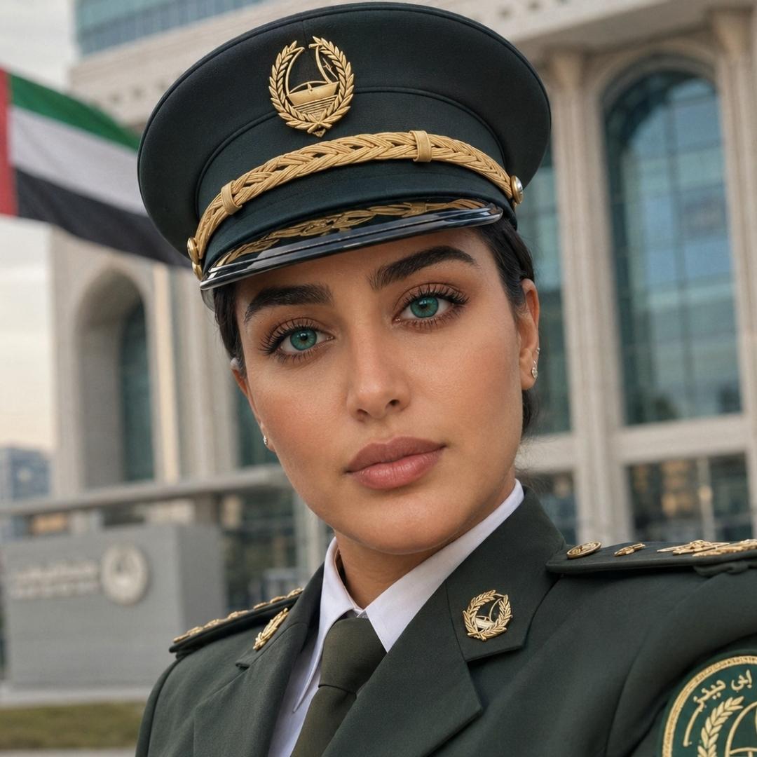 Portrait of a woman in a dark formal uniform and peaked cap standing outdoors near a government style building. Her calm expression and vivid green eyes are framed by structured military inspired clothing.