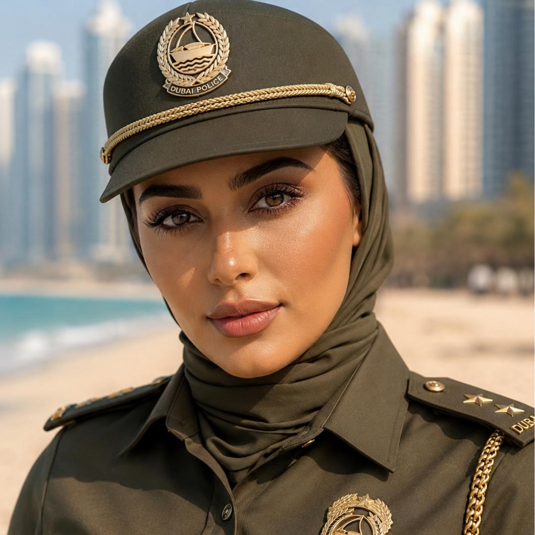 A beautiful woman in a green Dubai Police uniform and olive hijab standing on a sunny beach with skyscrapers in the background.