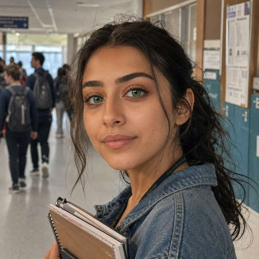 Young woman with tied back dark hair holding notebooks in a school hallway. Her relaxed smile and green eyes create a casual student portrait.