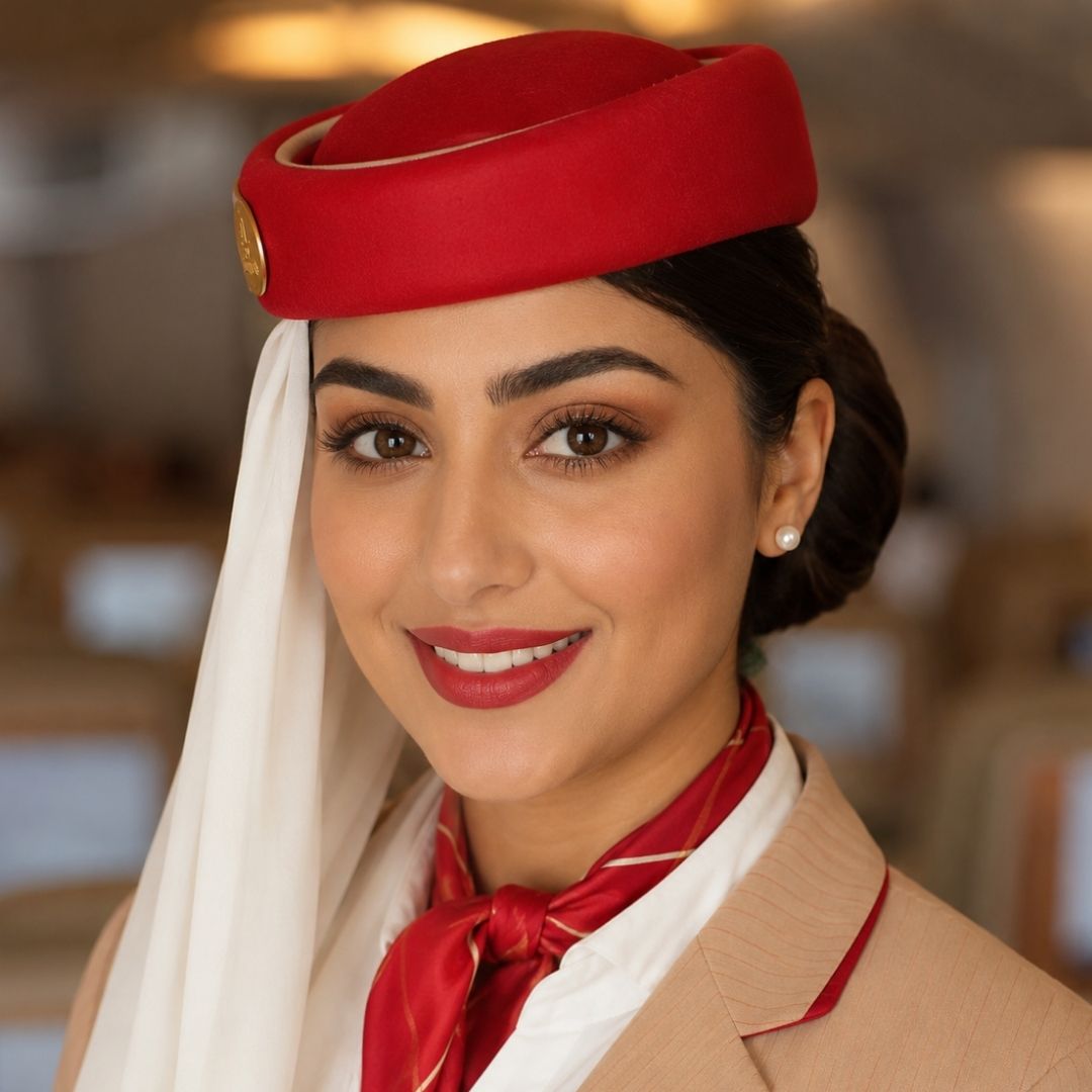 A flight attendant smiling in an Emirates uniform with a signature red hat and white veil, showcasing a glamorous makeup look paired with natural hazel brown color contact lenses inside an airplane cabin.