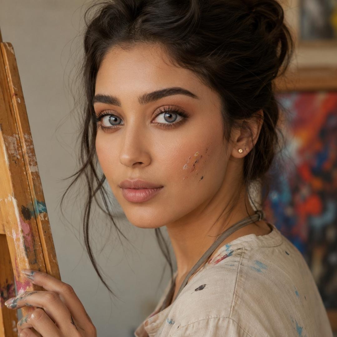 Beautiful lady with gray eyes holding a paintbrush with an artistic background