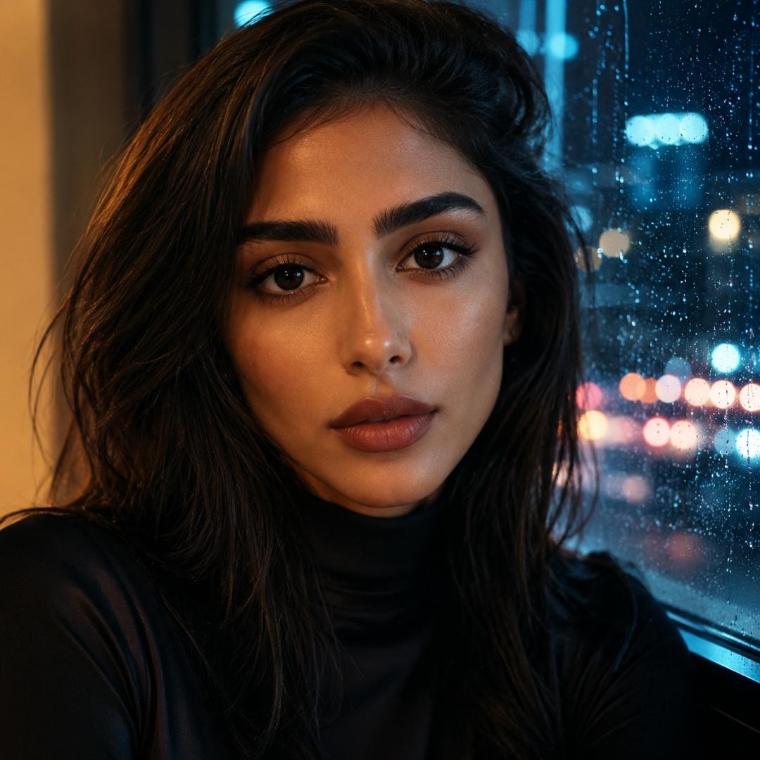 Portrait of a woman with long dark hair sitting beside a rain covered window with blurred city lights in the background. Secret black lenses add intensity to her gaze and stand out against the cool evening lighting.
