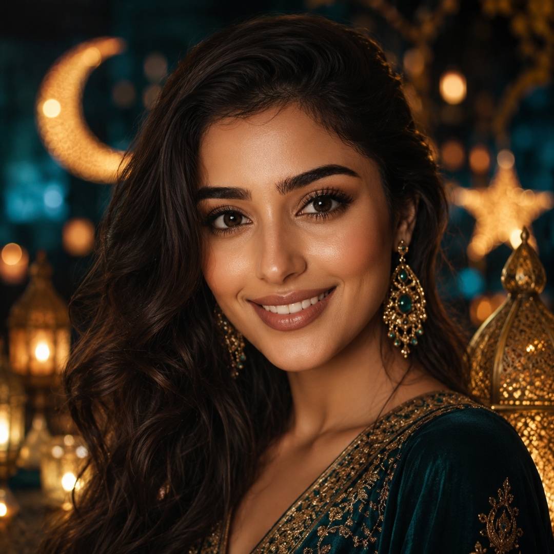 Smiling woman in an embroidered dress and ornate earrings stands among glowing lanterns and crescent moon decor. Dark contact lenses and warm lighting create a festive and elegant appearance.
