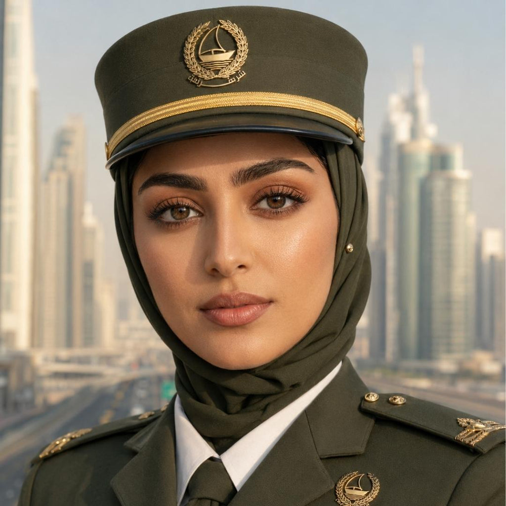 Portrait of a confident female Dubai Police officer wearing a green uniform cap and hijab, with the Dubai city skyline blurred in the background.
