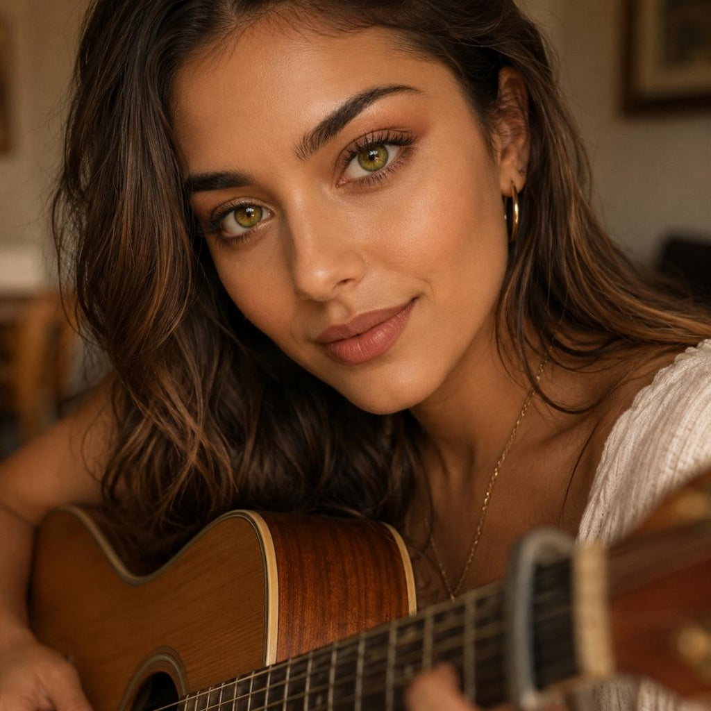 Woman with beautiful olive eye holding an acoustic guitar with a warm, indoor setting