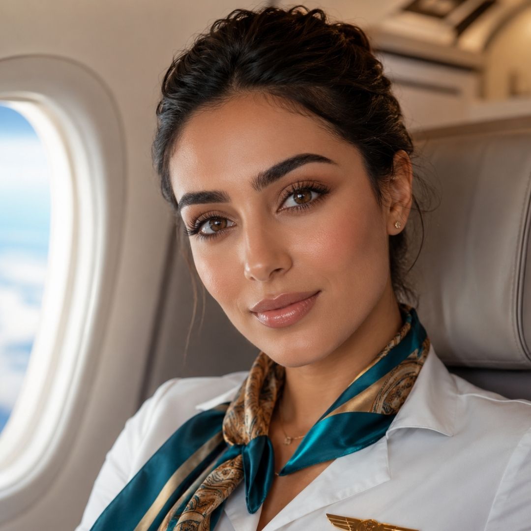 A portrait of a professional flight attendant with a silk scarf smiling in an airplane cabin, showcasing natural everyday brown eyes.
