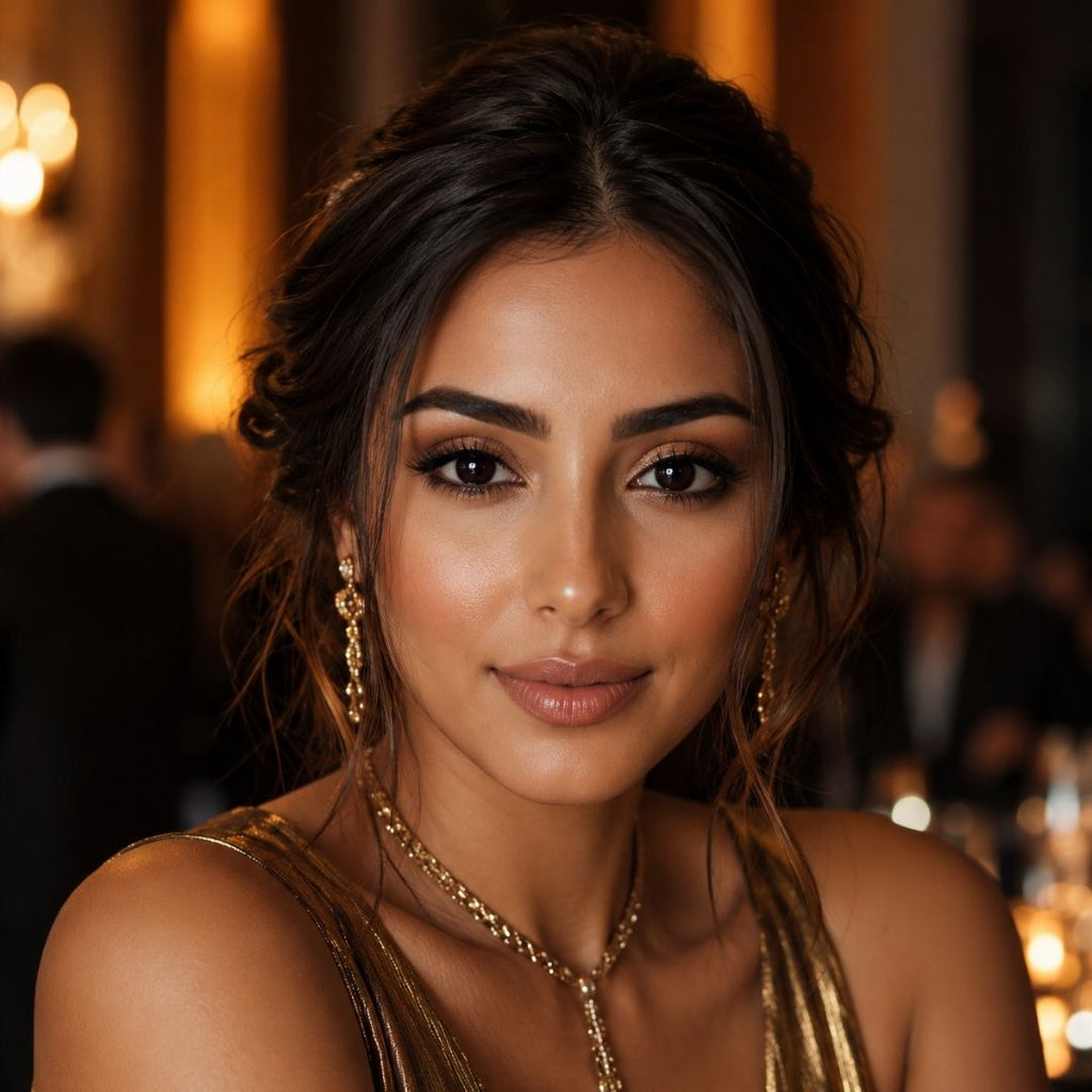 Woman with an elegant updo and gold jewelry poses in a softly lit evening setting with blurred lights behind her. Secret black contact lenses give her eyes a bold and polished look that matches the formal styling.