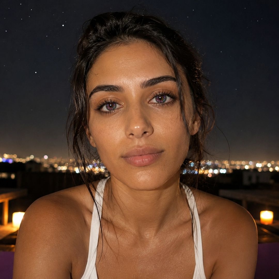 Natural portrait featuring Galaxy Violet contact lenses against a city night skyline