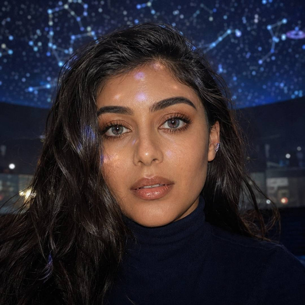 Woman wearing Galaxy Violet contact lenses beneath a star-inspired illuminated backdrop