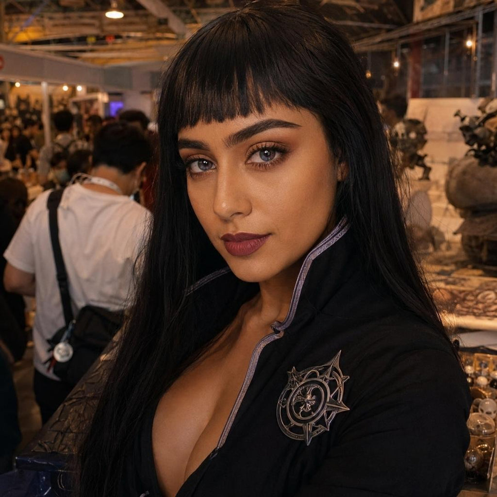 Galaxy Violet contact lenses styled with a dark fantasy cosplay at an anime expo