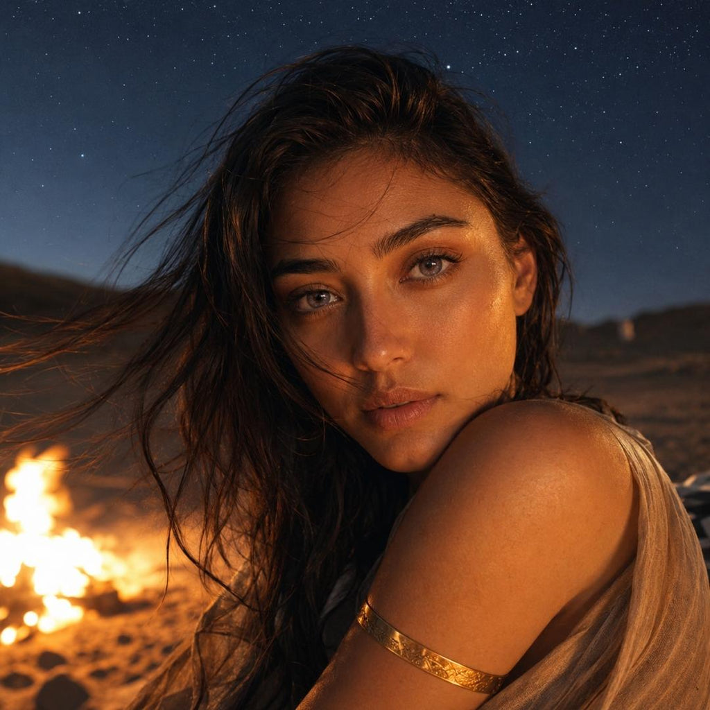 Galaxy Violet contact lenses highlighted in a desert campfire portrait under the stars