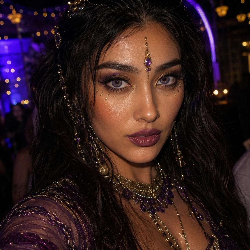 Galaxy Violet contact lenses paired with fantasy-inspired purple evening makeup