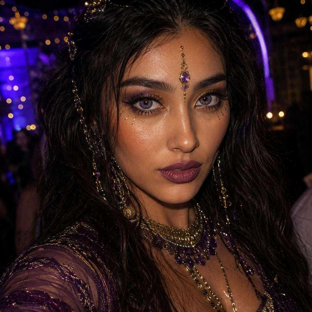 Galaxy Violet contact lenses paired with fantasy-inspired purple evening makeup