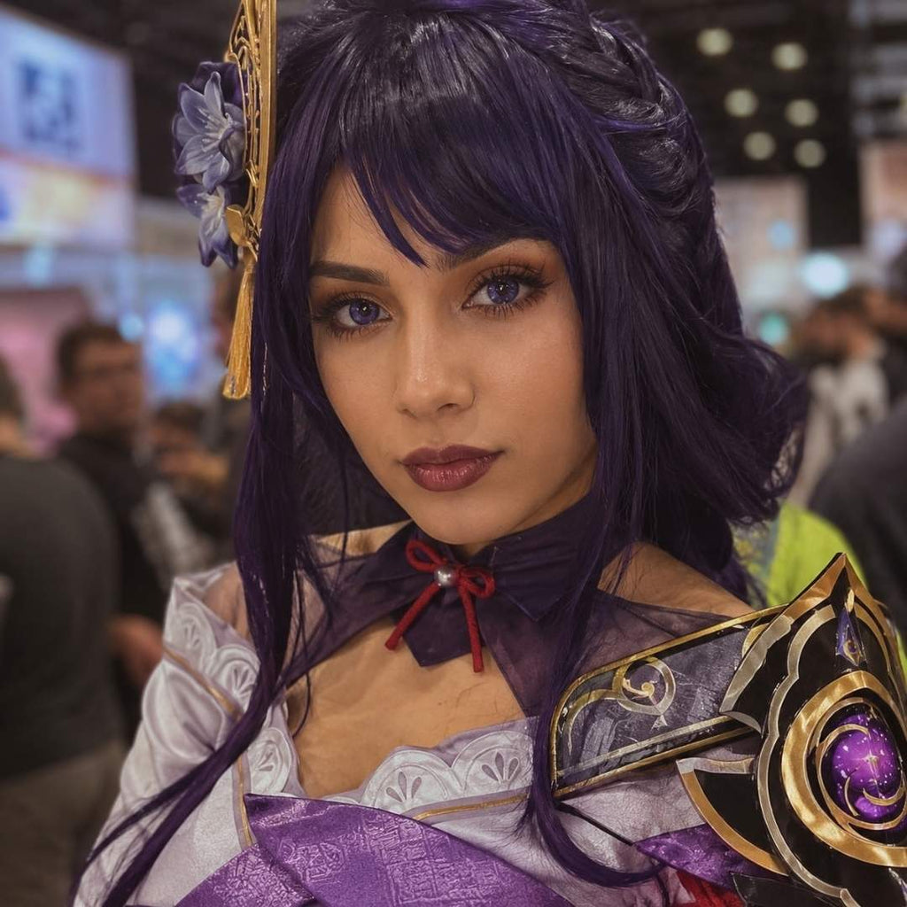 Galaxy Violet contact lenses showcased with a detailed fantasy warrior costume
