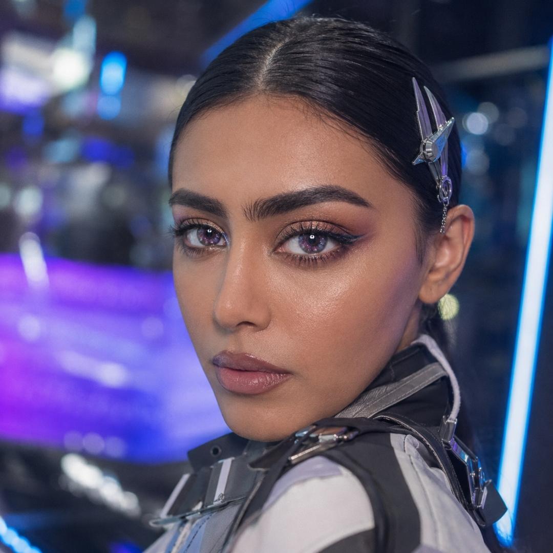 Galaxy Violet contact lenses styled with futuristic makeup and sci-fi fashion