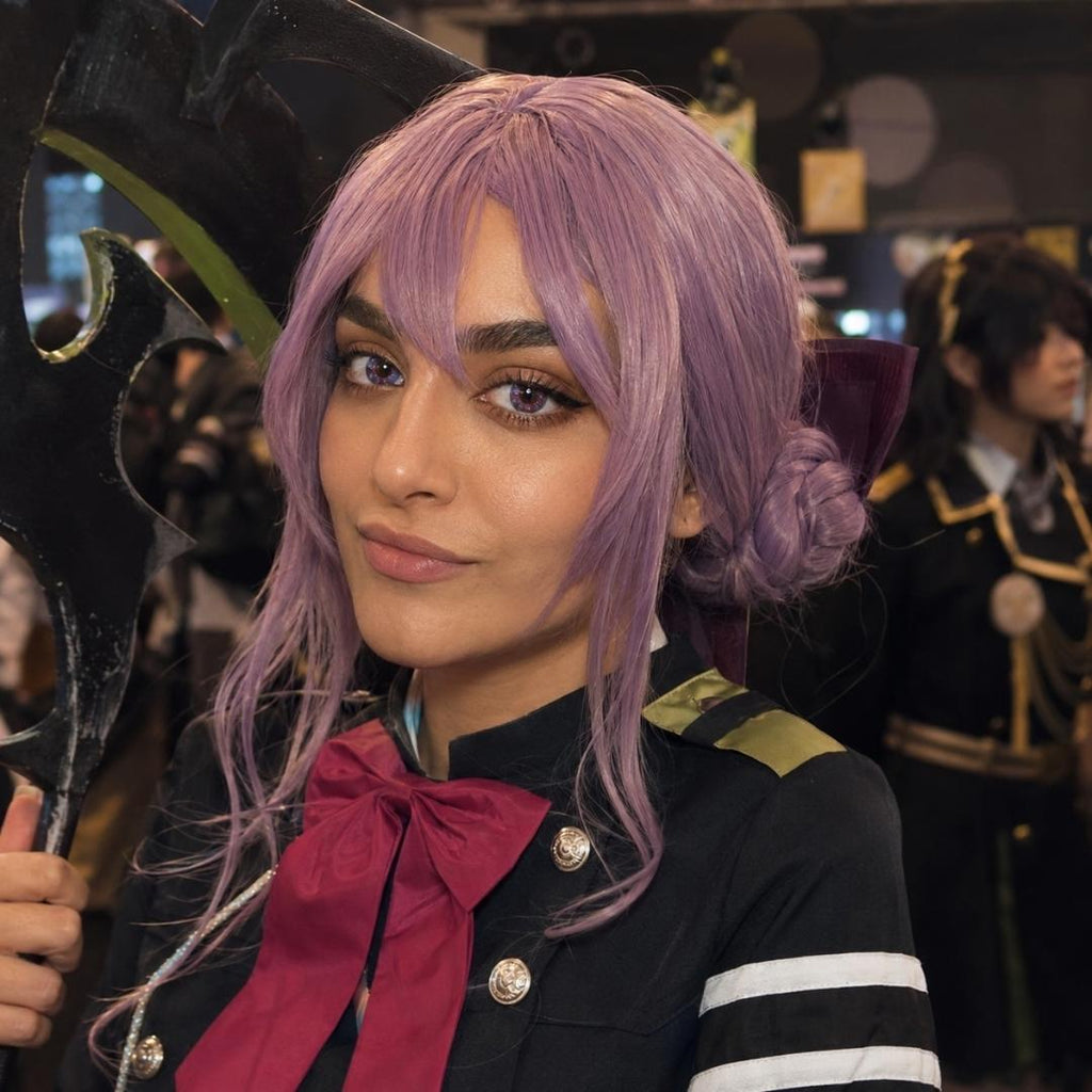 Galaxy Violet contact lenses highlighted in a lavender-haired cosplay portrait