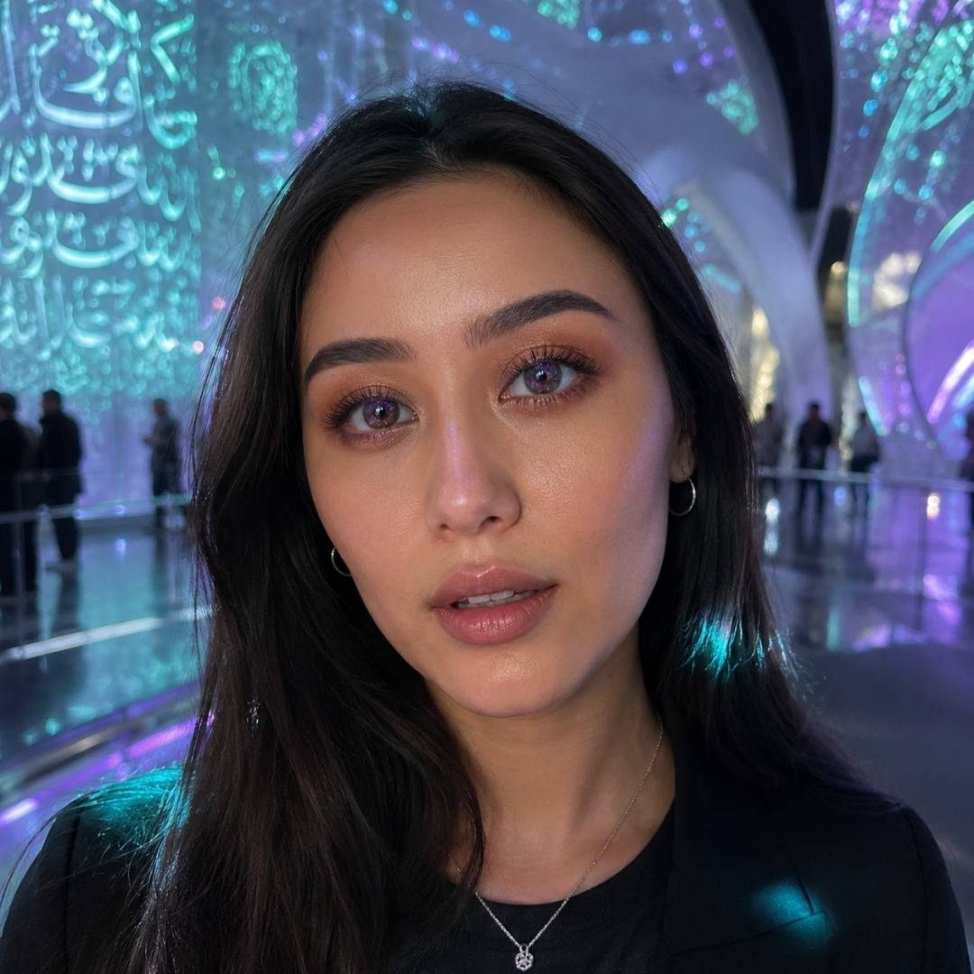 Galaxy Violet contact lenses showcased in a modern illuminated architectural space