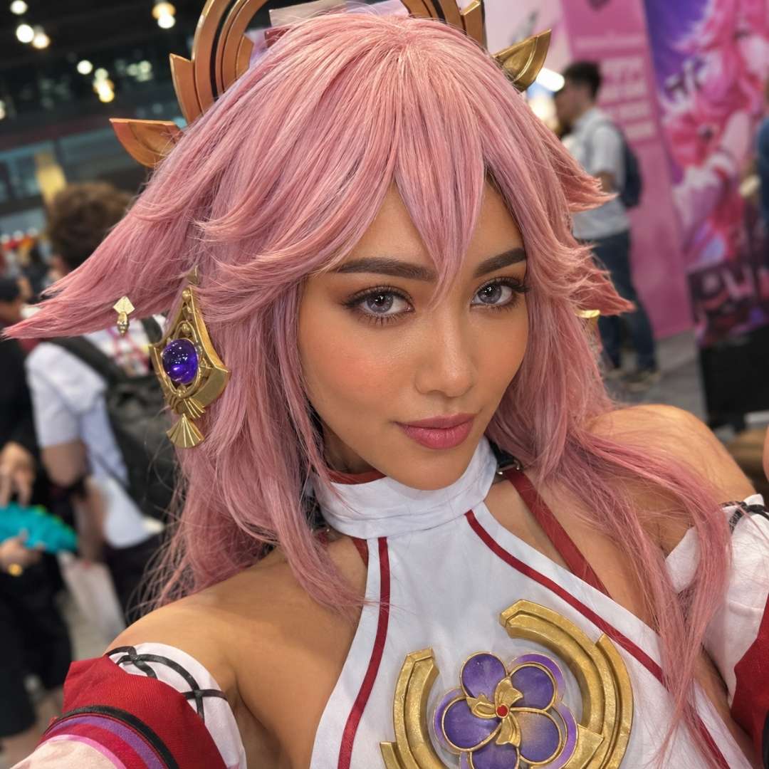 Galaxy Violet contact lenses complementing a pink-haired anime cosplay character