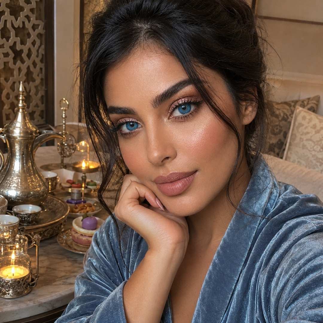 Woman in a blue robe sitting in a cozy room with decorative items.