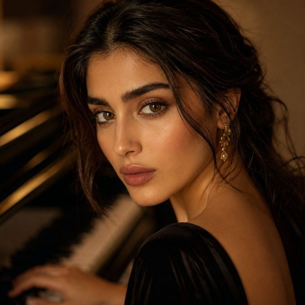 A glamorous Arabic woman looking back over her shoulder next to a luxury grand piano, showcasing her striking brown eye look.