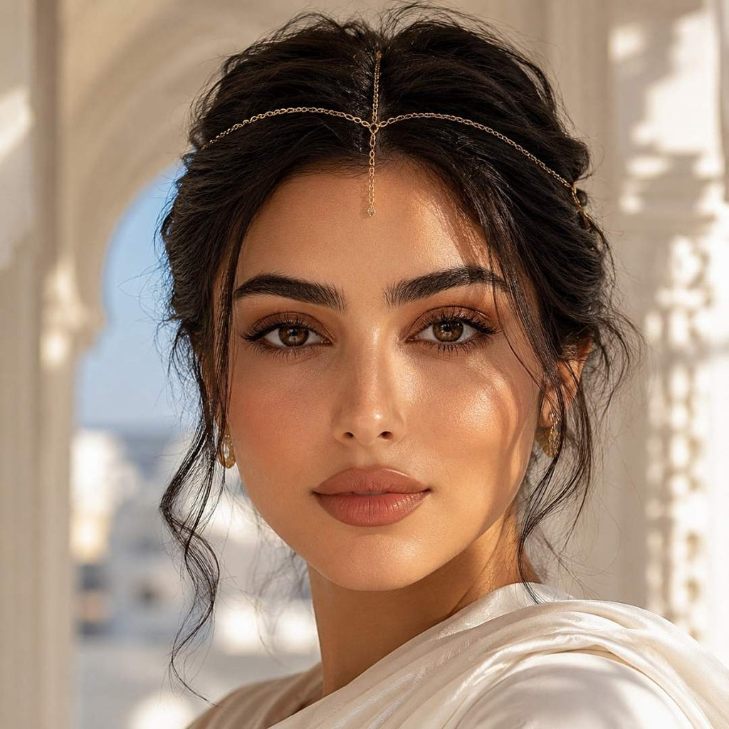 An elegant Middle Eastern woman with radiant skin and hazel brown color lenses, wearing a gold headpiece in front of a white architectural arch.