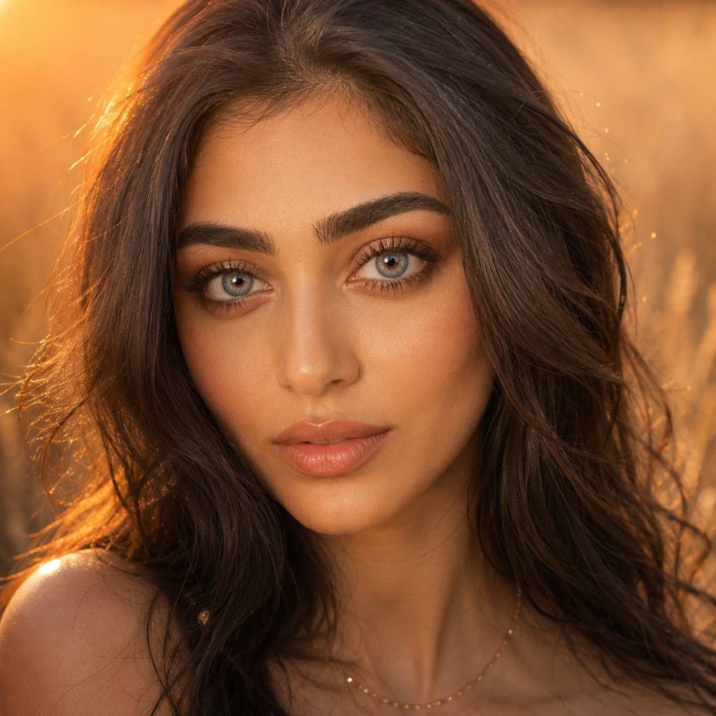 Golden hour, lady with long brown hair and makeup against a warm-toned background