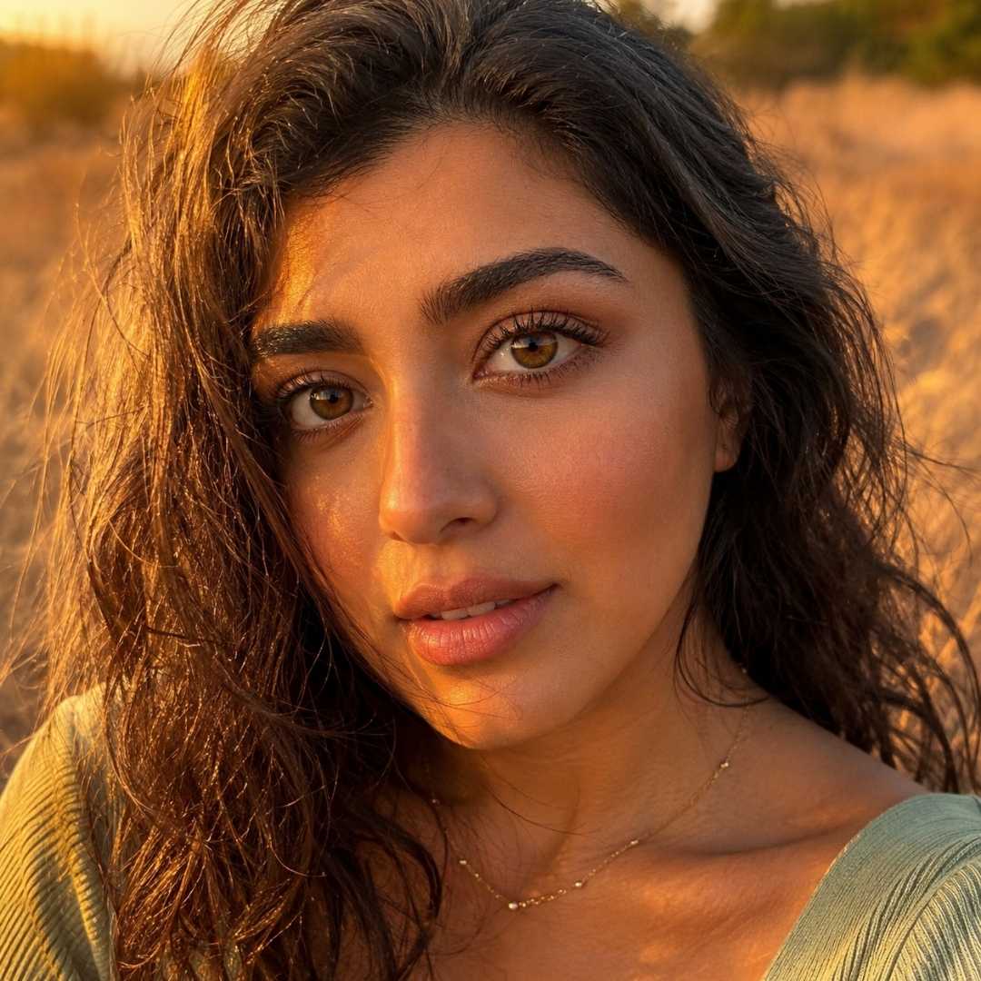 Golden hour portrait with natural looking brown contact lenses and glowing skin