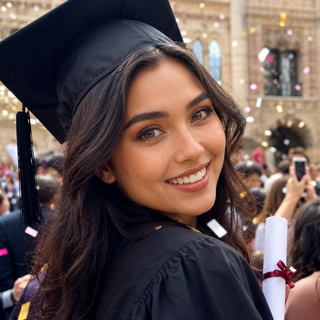 Graduation portrait featuring natural looking brown contact lenses and soft glam makeup